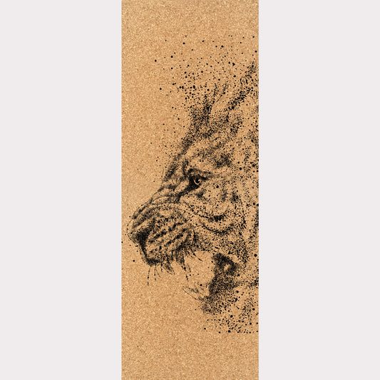 Picture of the ZenMotion cork yoga mat "Roaring Meditation" design.