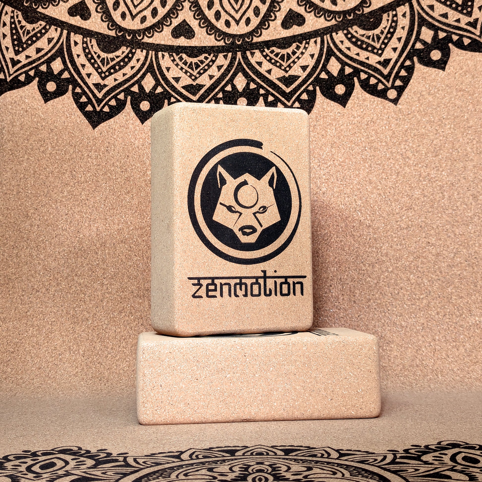 2 ZenMotion Cork Yoga Blocks on a Cork Mat Background. 