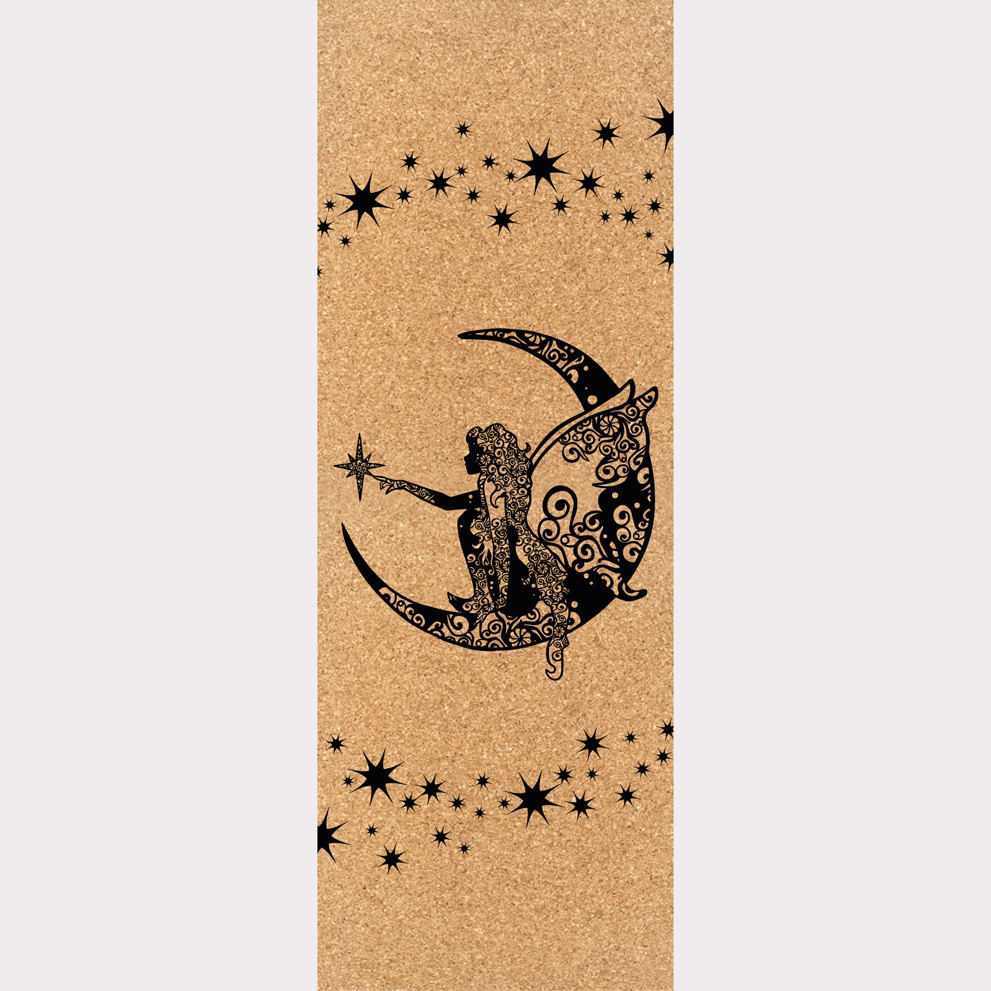 Picture of a cork yoga mat featuring an engraving of a fairy sitting on a moon surrounded by stars.