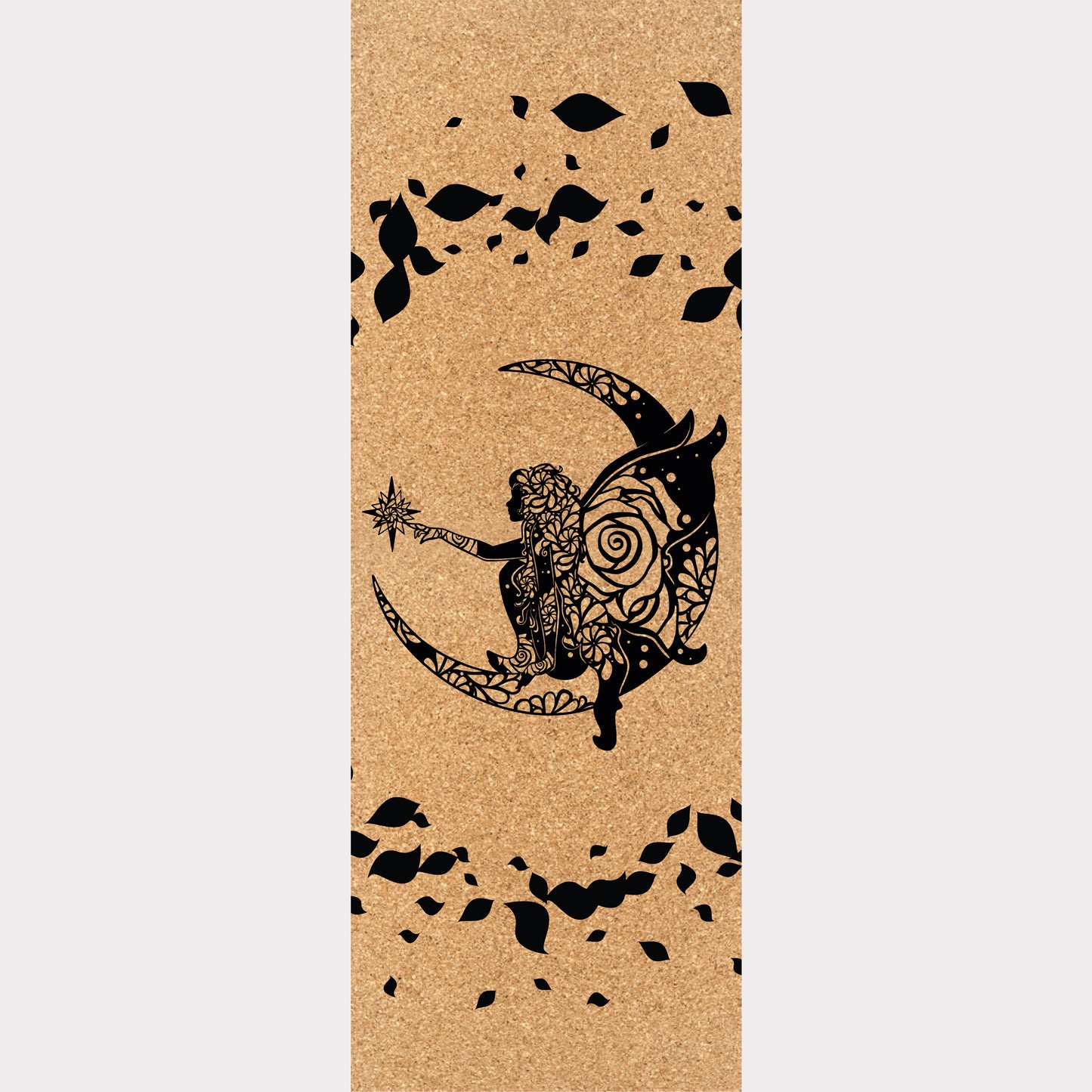 Picture of a cork yoga mat featuring an engraving of a fairy sitting on a moon surrounded by leaves.