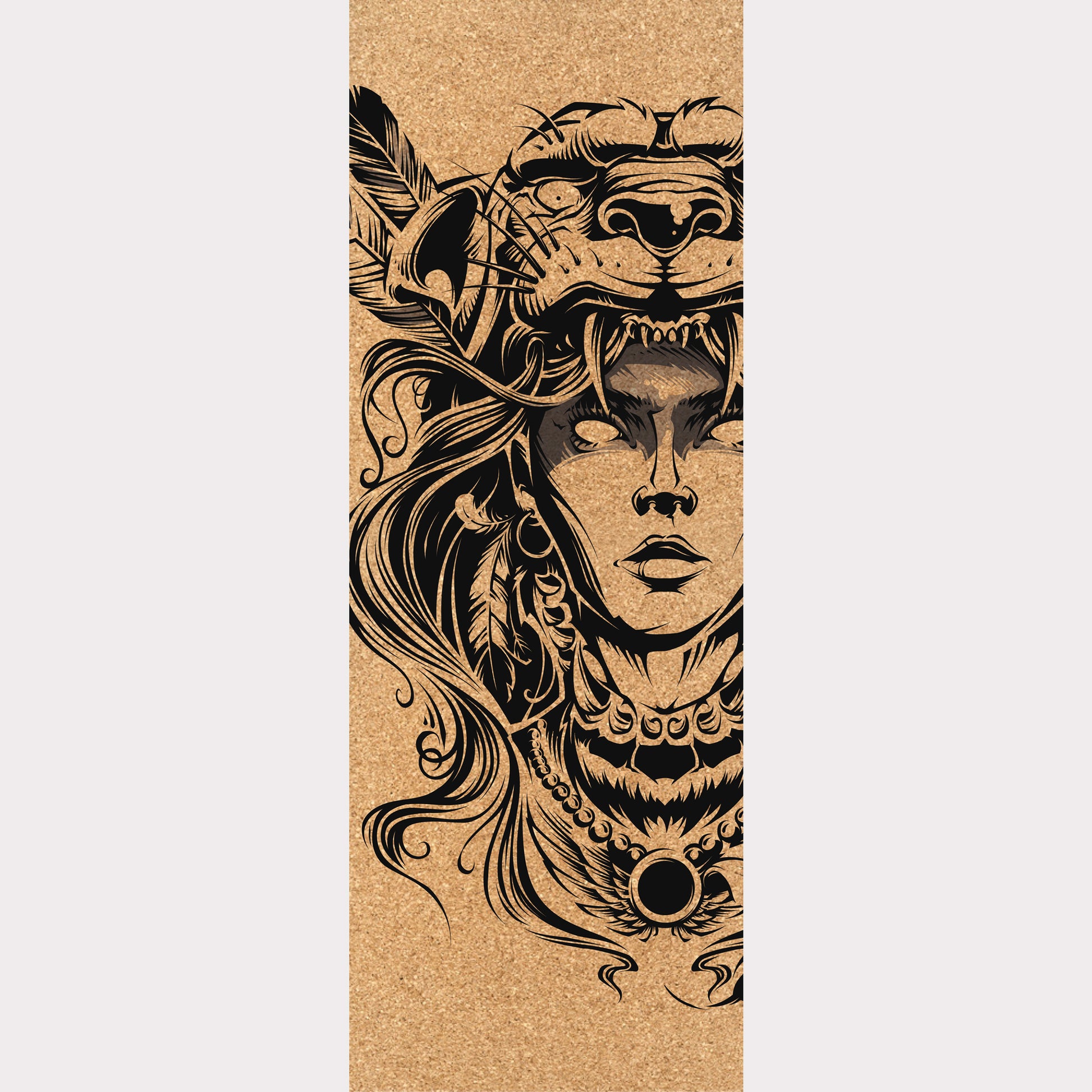 Picture of a cork yoga mat featuring an engraving of a stunning warrior woman wearing a jaguar skull hat.