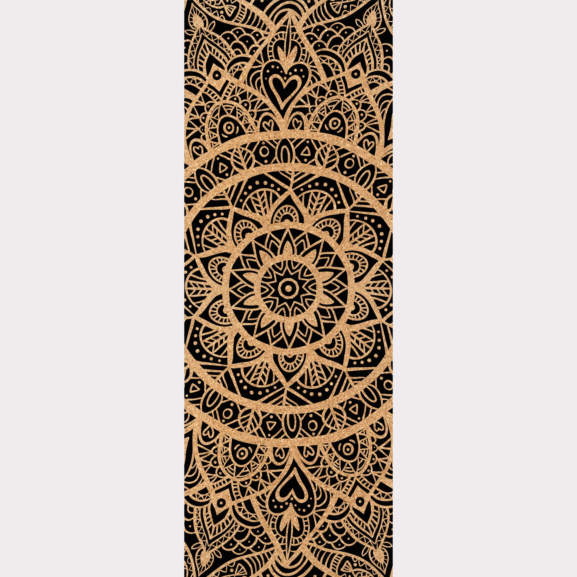 Picture of a cork yoga mat featuring an engraving of a breathtaking mandala with hearts incorporated into its design.