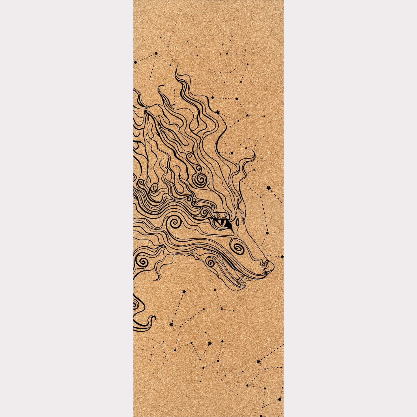 Picture of a cork yoga mat featuring an engraving of a stunning stylized wolf with constellations surrounding it.