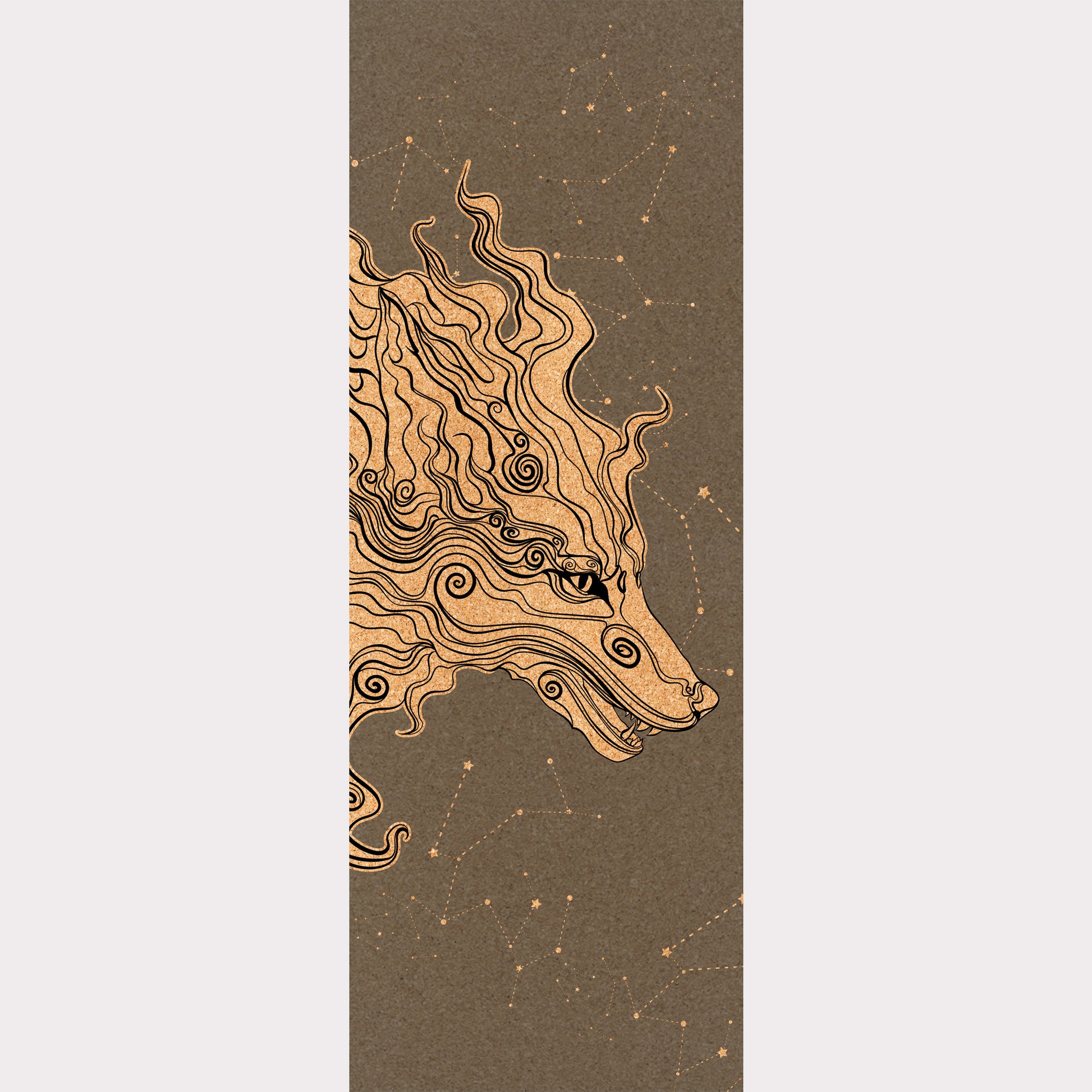 Picture of a cork yoga mat featuring an engraving of a stunning stylized wolf with constellations surrounding it.