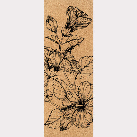 Picture of a cork yoga mat featuring an engraving of large, exquisite Hibiscus flowers.