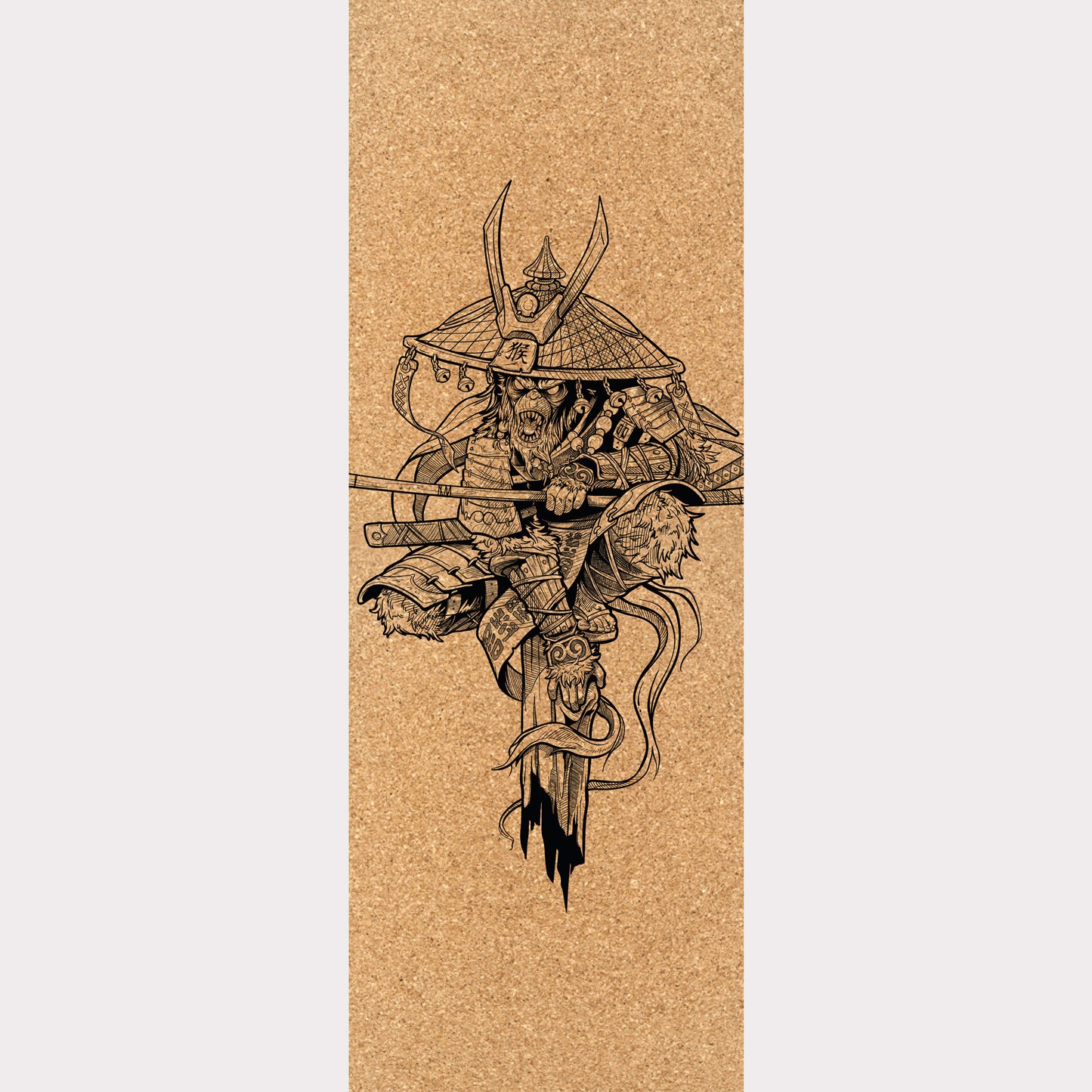 Picture of a cork yoga mat featuring an engraved representation of Sun Wukong, the Monkey King.