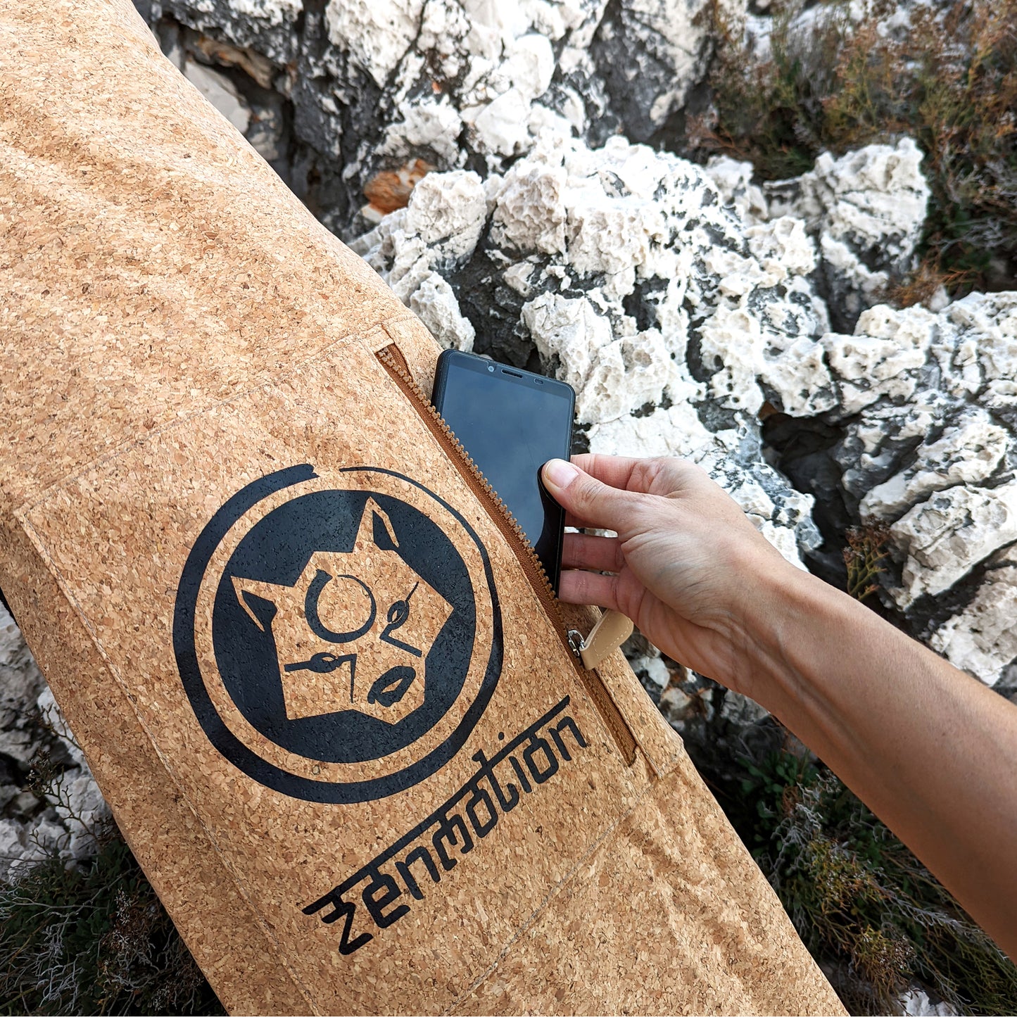 Close-up of the pocket on the ZenMotion yoga mat cork transport bag.