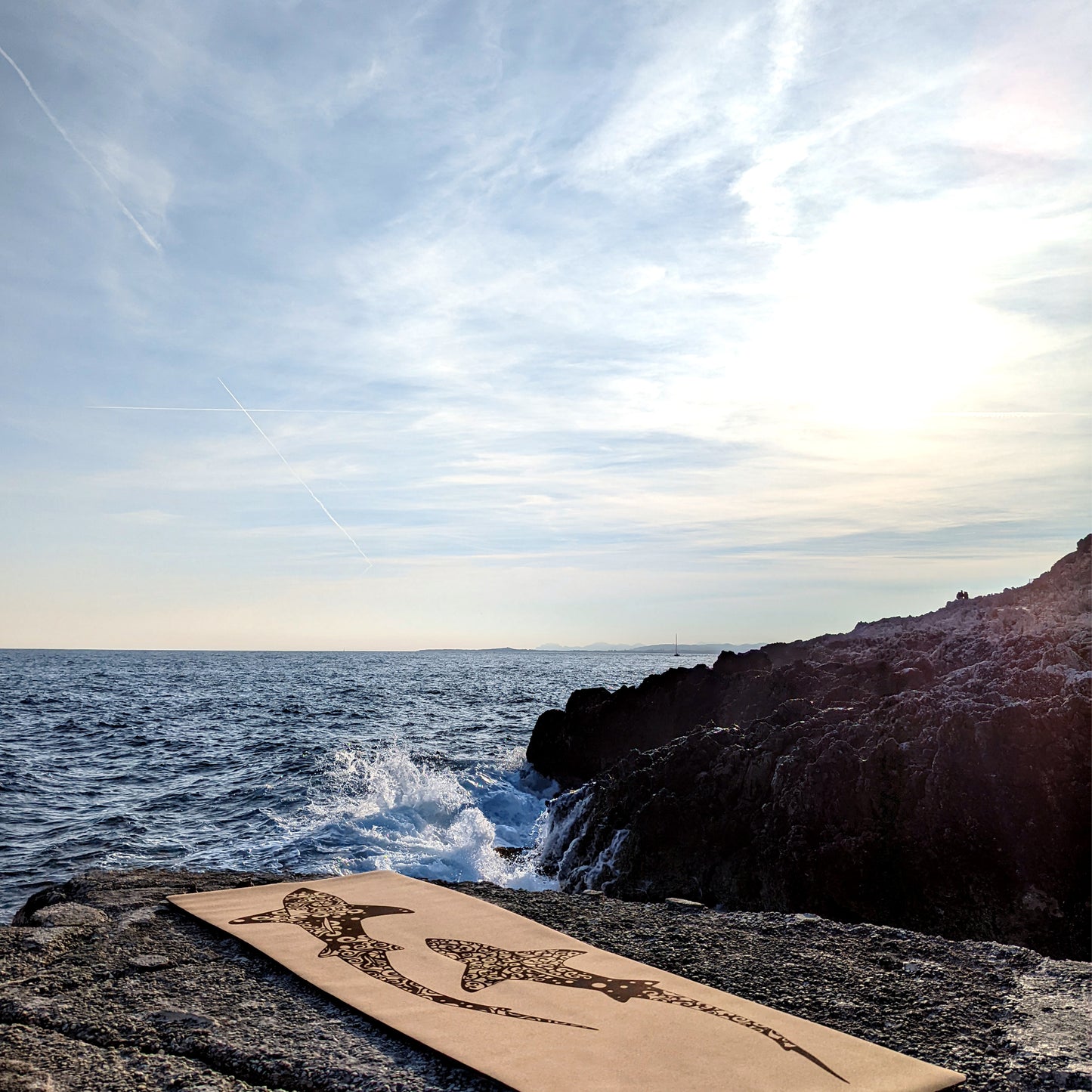 Picture of the Shoal ZenMotion cork yoga mat placed against a seaside background.